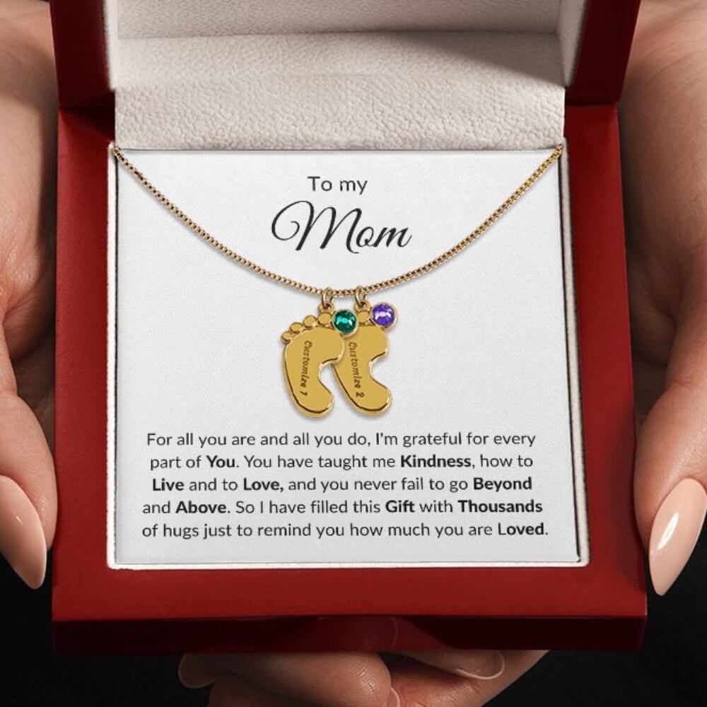 mom necklace baby feet 2 charms 18K yellow gold finish 
