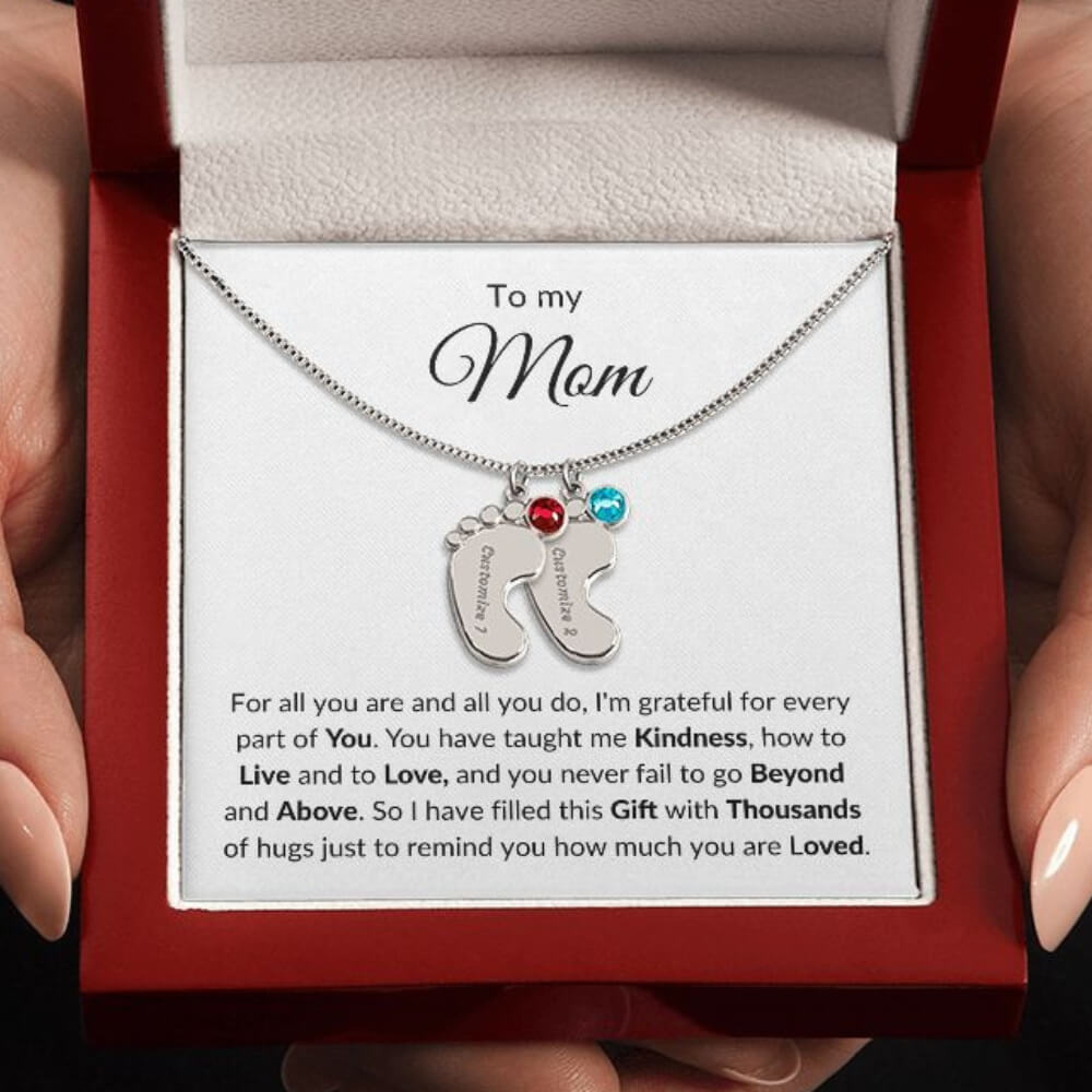 mom necklace baby feet 2 charms stainless steel 