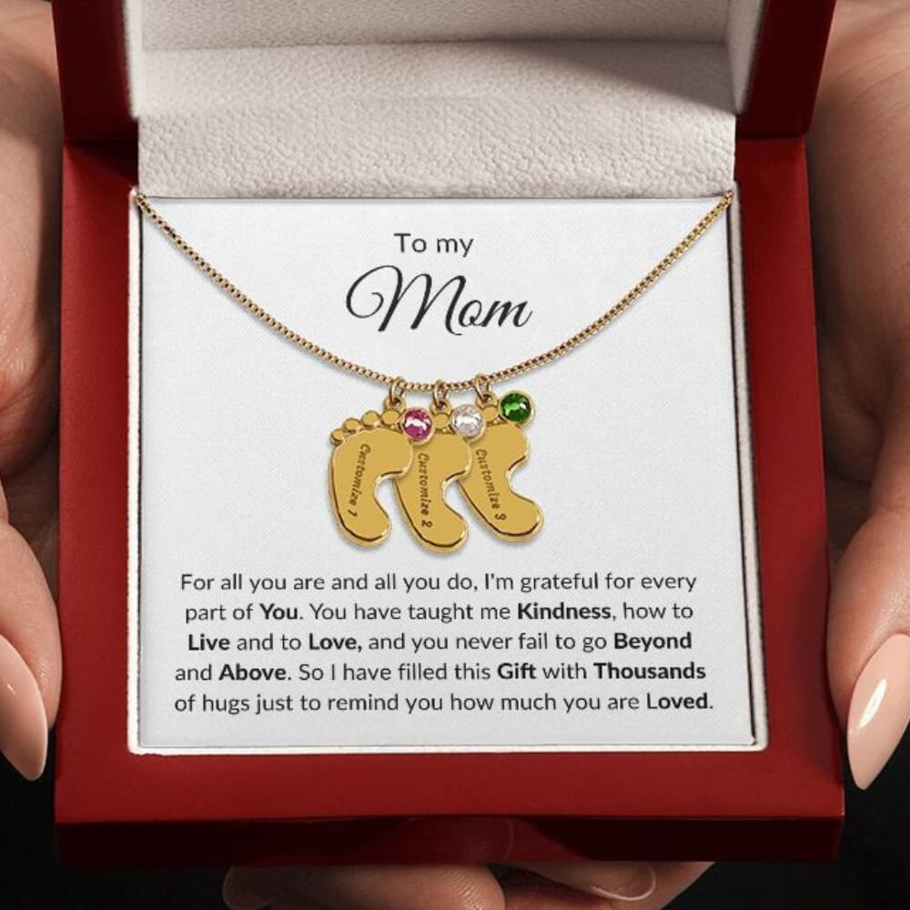 mom necklace baby feet 3 charms 18K gold finish