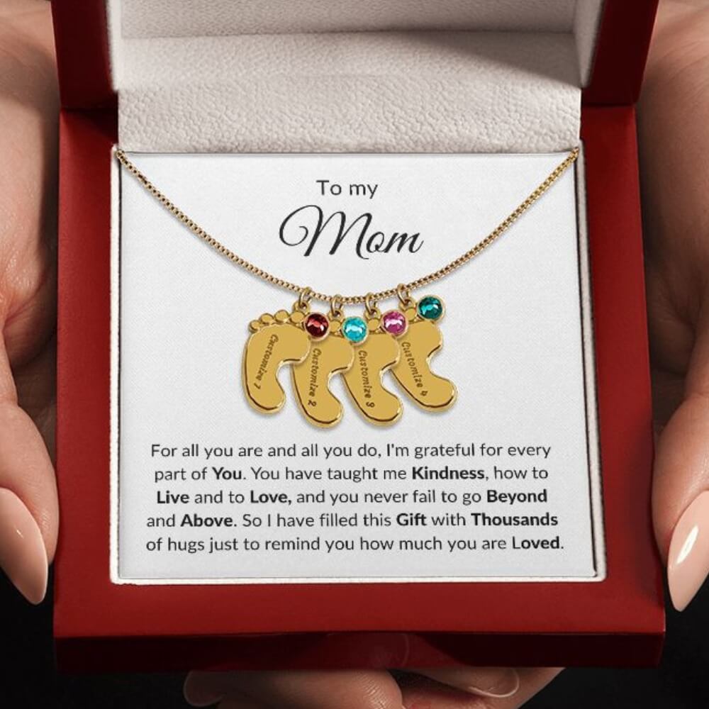 mom necklace baby feet 4 charms 18K yellow gold finish 