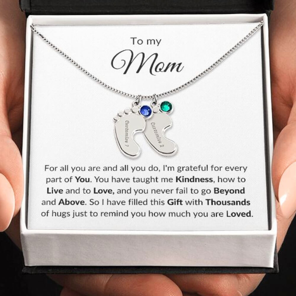 mom necklace from daughter or son baby feet 2 charms personalized stainless steel 