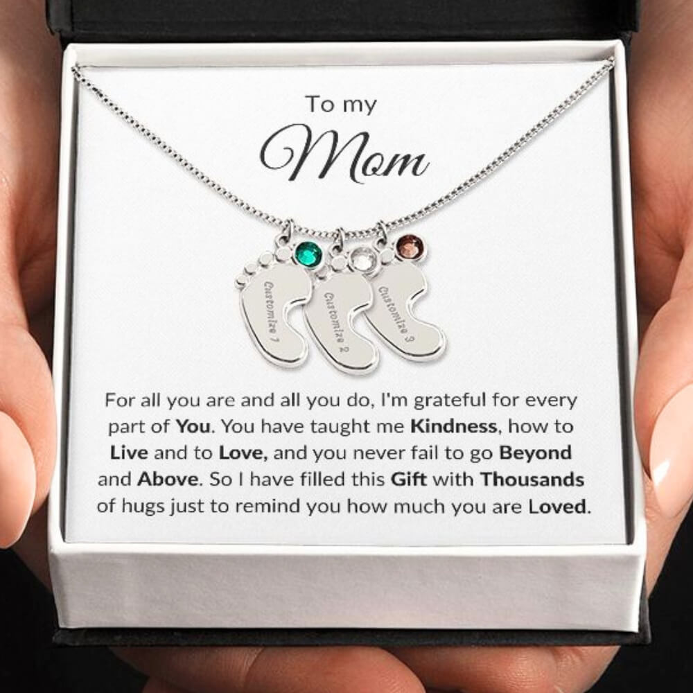Mom Necklace | Baby Feet Customized with 1-4 Charms with Birthstones | 1014