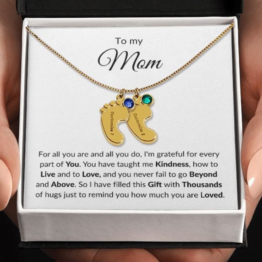 mom necklace baby feet 2 charms 18K yellow gold finish 