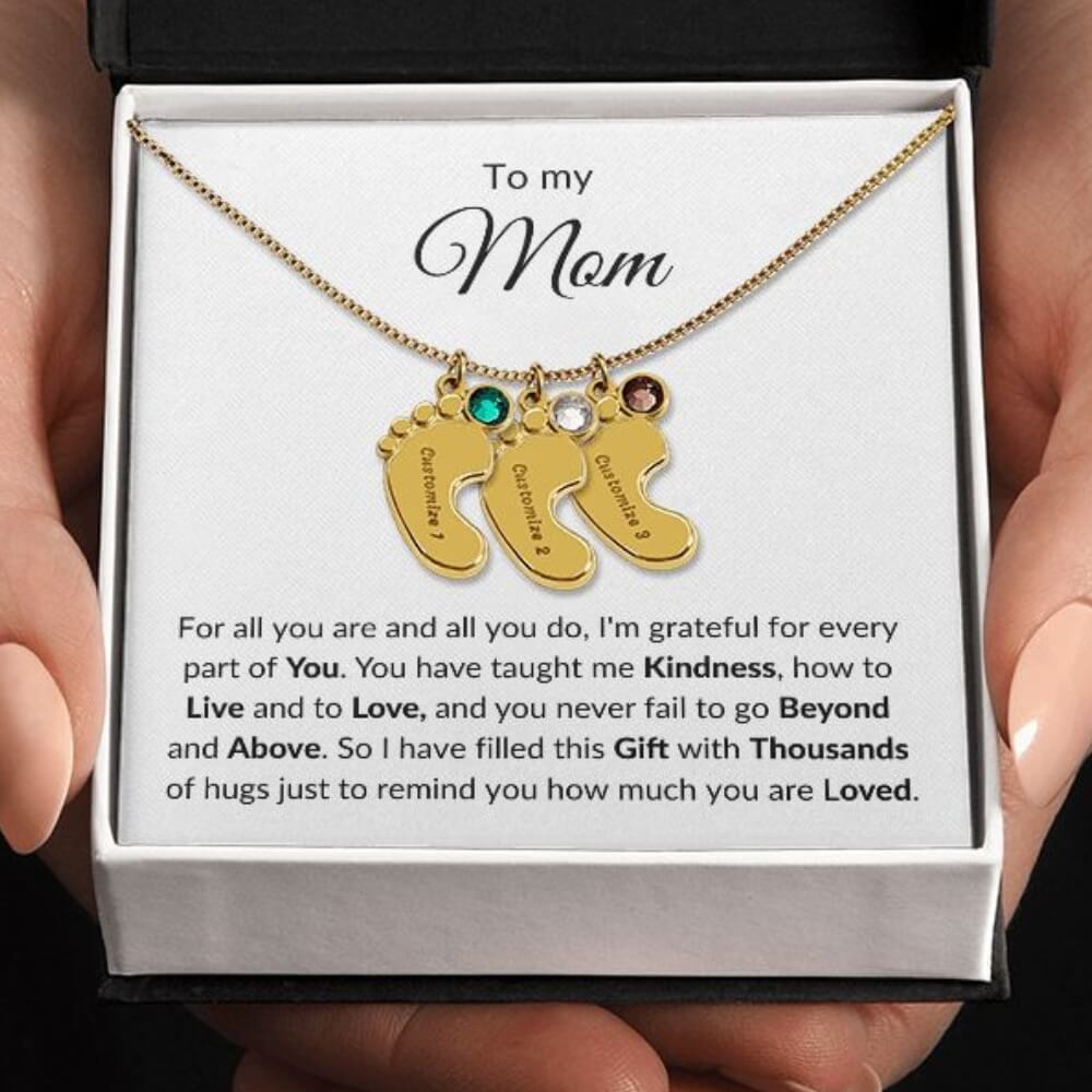 mom necklace baby feet 3 charms 18K yellow gold finish 